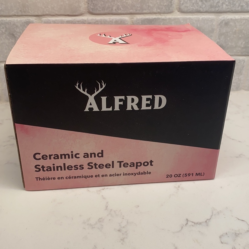 NIB ALFRED Ceramic & Stainless Steel Teapot 20 oz w/Simply Whimsical Tea Towels - Picture 7 of 13
